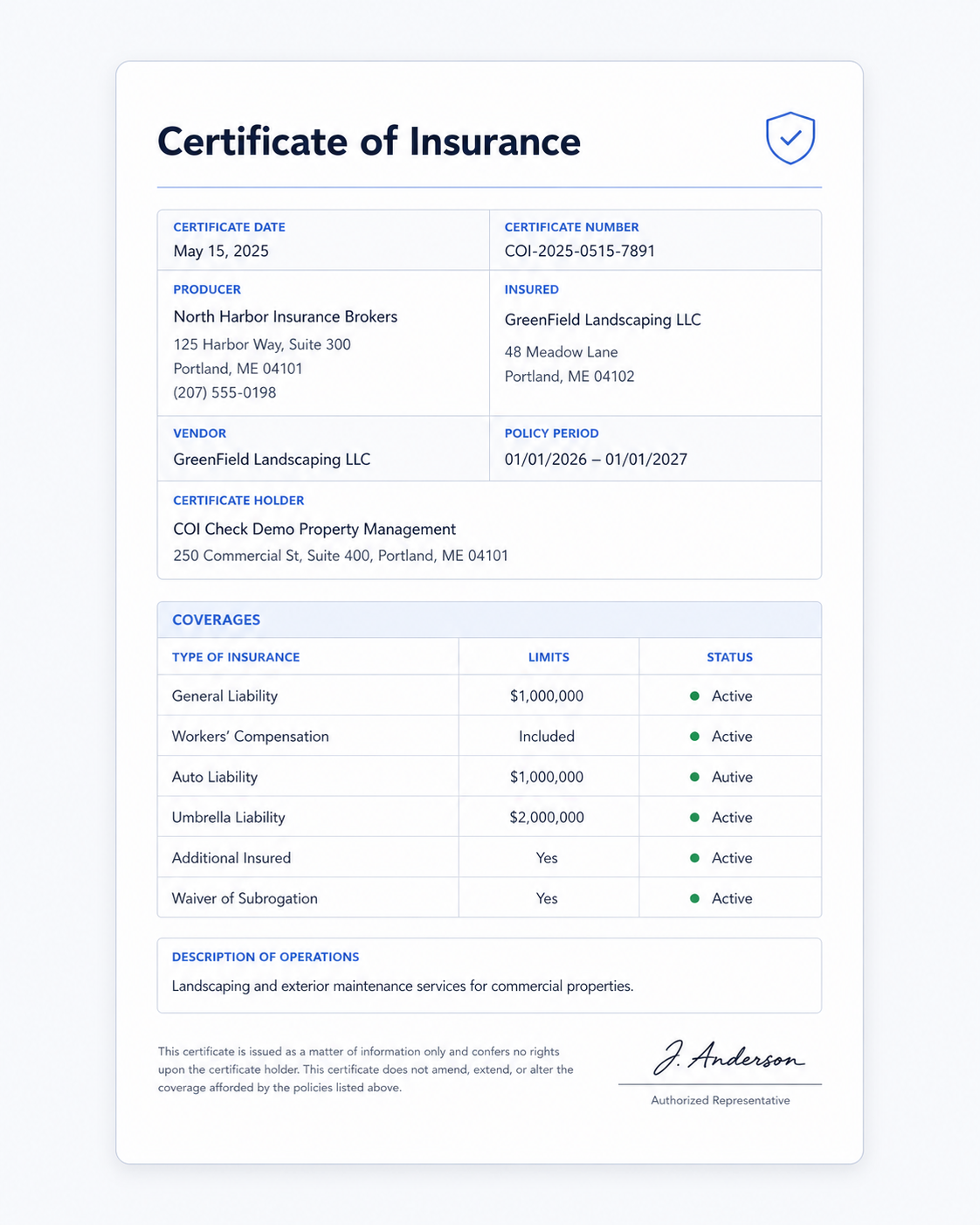 Sample Certificate of Insurance document